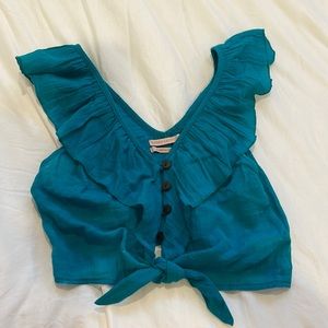 Urban Outfitters Teal Button Down Tie Front Crop Trop w/ Ruffle Detailing